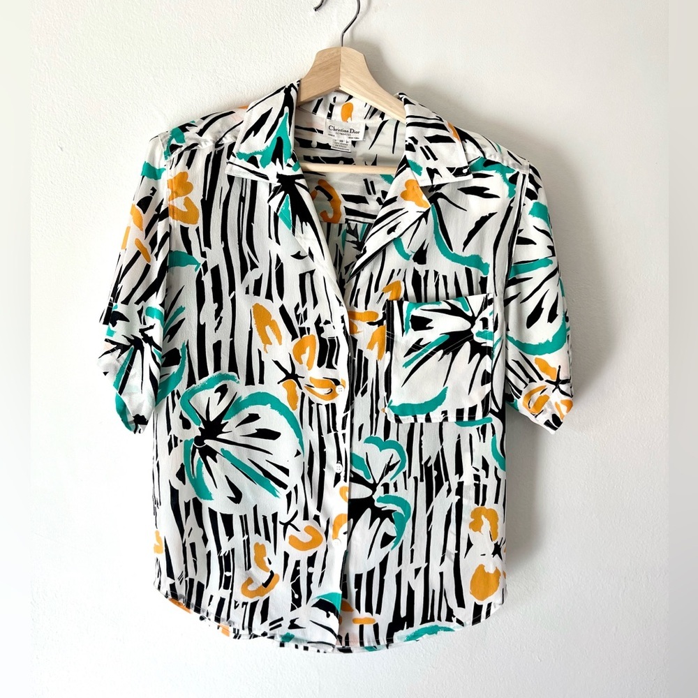 Christian Dior Vintage Multicolored Collared Button Down Short Sleeve Floral Top